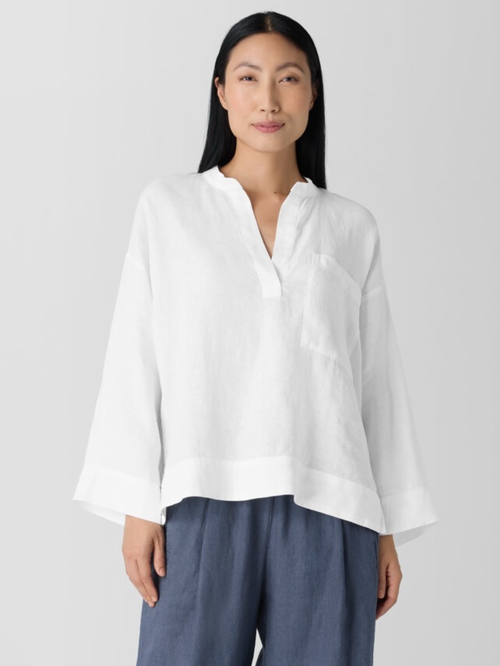 Eileen Fisher Organic Linen Split Neck Shirt White XS Boxy Tunic Blouse